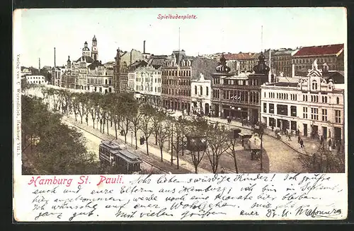 AK Hamburg-St. Pauli, Spielbudenplatz mit Strassenbahn