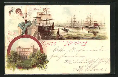 Lithographie Hamburg-St. Pauli, Hafen, Seewarte