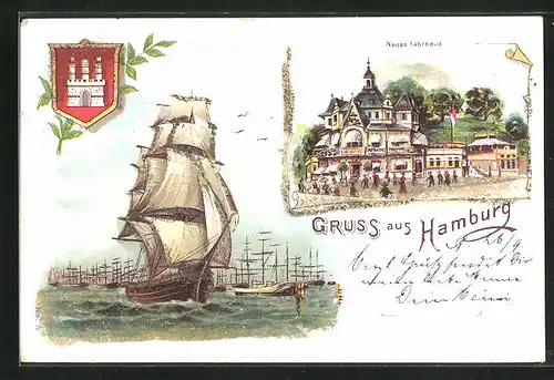 Lithographie Hamburg-St. Pauli, Neues Fährhaus, Stadtwappen