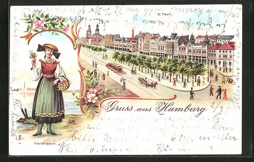 Lithographie Hamburg-St. Pauli, Vierländerin, Reeperbahn