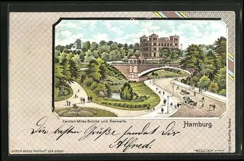 Lithographie Hamburg-St. Pauli, Kersten-Miles-Brücke und Seewarte