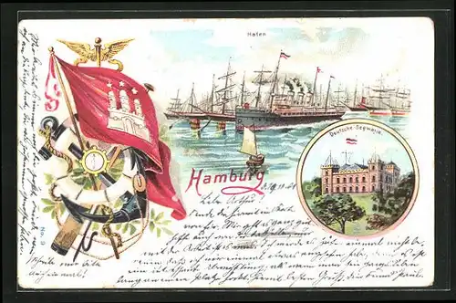 Lithographie Hamburg-St. Pauli, Deutsche-Seewarte, Hafen, Stadtwappen