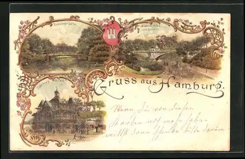 Lithographie Hamburg-St. Pauli, Gasthaus Fährhaus St- Pauli, Botanischer-Garten, Kersten-Miles-Brücke, Stadtwappen