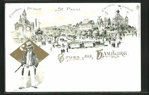 Lithographie Hamburg-St. Pauli, Concerthäuser Hamburg und Hornhardt, Strassenbahn