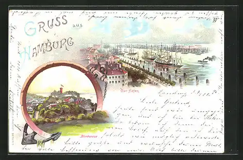 Lithographie Hamburg-St. Pauli, Blankenese, Der Hafen