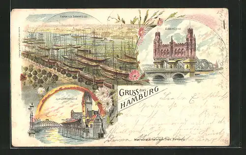 Lithographie Hamburg-St. Pauli, Hafen, Elbbrücke, Jungfernbrücke