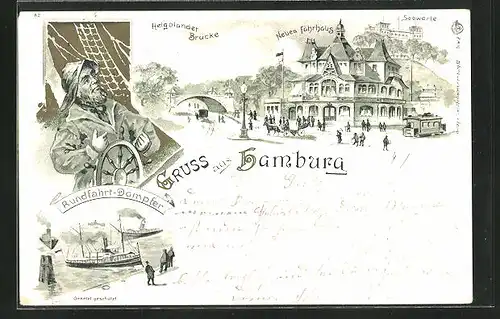 Lithographie Hamburg-St. Pauli, Helgoländer Brücke, Rundfahrt-Dampfer