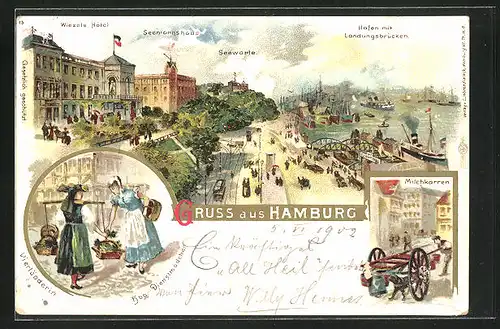 Lithographie Hamburg-St. Pauli, Hotel Wizels Hof, Milchkarren, Vierländerin und Hamburger Dienstmädchen