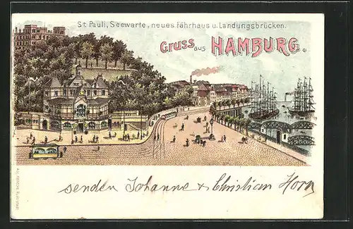 Lithographie Hamburg-St. Pauli, Seewarte, neues Gasthaus Fährhaus und Landungsbrücken