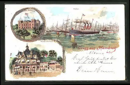 Lithographie Hamburg-St. Pauli, Deutsche-Seewarte, neues Gasthaus Fährhaus, Hafen