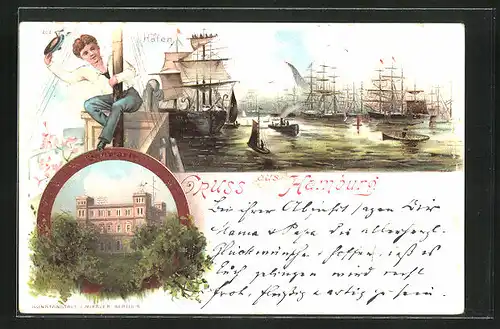 Lithographie Hamburg-St. Pauli, Hafen, Seewarte, Schiffsjunge kraxelt am Mast