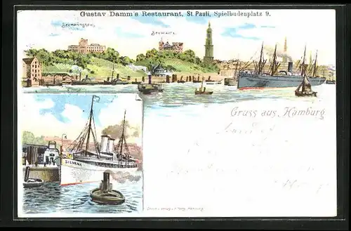 Lithographie Hamburg-St. Pauli, Gustav Damm`s Restaurant, Spielbudenplatz 9