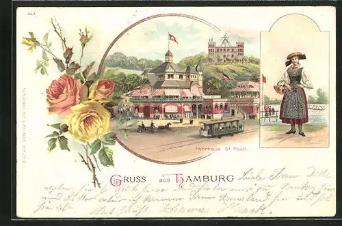 Lithographie Hamburg-St. Pauli, Gasthaus Fährhaus mit Strassenbahn, Frau in Tracht