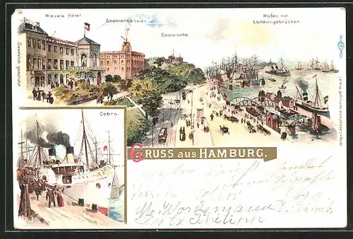 Lithographie Hamburg-St. Pauli, Wiezels Hôtel mit Seemannshaus & Seewarte am Hafen mit Landungsbrücken, Dampfer Cobra