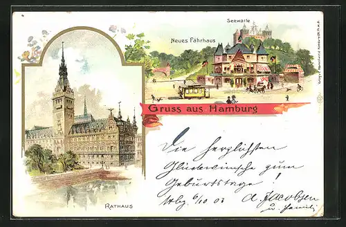 Lithographie Hamburg-St. Pauli, Gasthaus Neues Fährhaus mit Seewarte und Strassenbahn, Rathaus