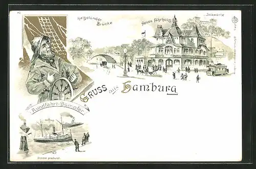 Lithographie Hamburg-St. Pauli, Gasthaus Neues Fährhaus mit Seewarte und Helgoländer Brücke, Rundfahrt-Dampfer