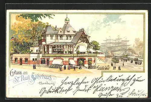 Lithographie Hamburg-St. Pauli, Gasthaus Fährhaus mit Strassenbahn