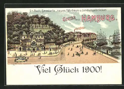 Lithographie Hamburg-St. Pauli, Gasthaus Neues Fährhaus mit Seewarte und Landungsbrücken, Glückwunsch 1900