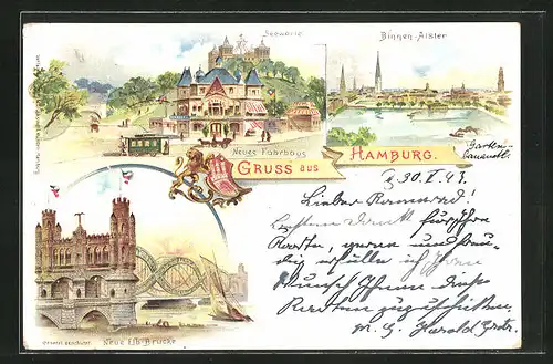 Lithographie Hamburg-St. Pauli, Gasthaus Neues Fährhaus und Seewarte, Binnen-Alster, Neue Elb-Brücke