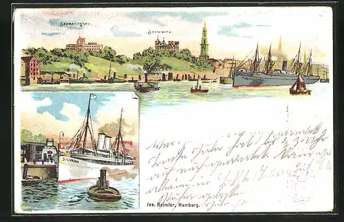 Lithographie Hamburg-St. Pauli, Seemannshaus und Seewarte mit Dampfer Pennsylvania, Dampfer Silvana im Hafen