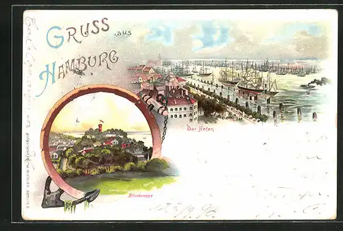 Lithographie Hamburg-St. Pauli, Der Hafen, Blankenese