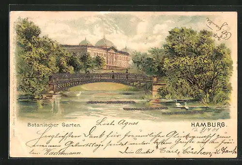 Lithographie Hamburg-St. Pauli, Botanischer Garten mit Glimmer