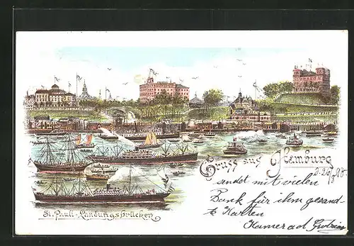 Lithographie Hamburg-St. Pauli, Landungsbrücken