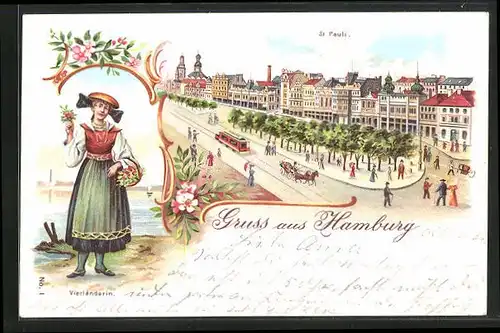 Lithographie Hamburg-St. Pauli, Strassenpartie mit Gebäudeansicht und Strassenbahn, Vierländerin in Tracht