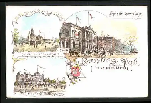 Lithographie Hamburg-St. Pauli, Gasthaus Hornhardt`s Konzertgarten, Konzerthaus Hamburg, Spielbudenplatz mit Pferdewägen