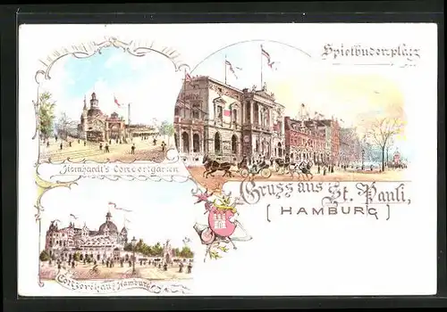 Lithographie Hamburg-St. Pauli, Gasthaus Hornhardt`s Konzertgarten, Konzerthaus Hamburg, Spielbudenplatz mit Pferdewägen