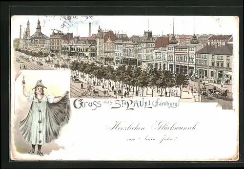 Lithographie Hamburg-St. Pauli, Strassenpartie mit Geschäften, Frau mit Sektglas, Neujahrsgruss