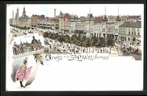 Lithographie Hamburg-St. Pauli, Strassenpartie mit Geschäften, Konzerthaus