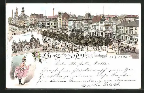 Lithographie Hamburg-St. Pauli, Strassenpartie mit Geschäften, Konzerthaus