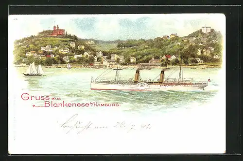 Lithographie Hamburg-Blankenese, Gasthaus Süllberg, Dampfer