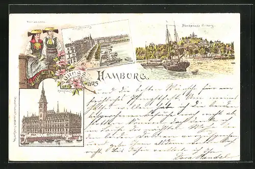 Lithographie Hamburg-Blankenese, Vierländerinnen, Jungfernstieg, Blankenese Süllberg