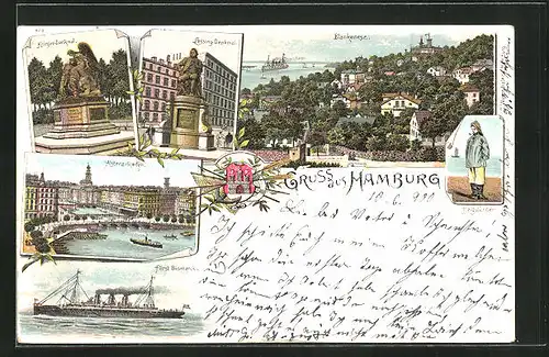 Lithographie Hamburg-Blankenese, Krieger-Denkmal, Alsterarkaden, Lessing-Denkmal