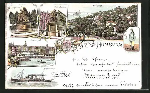 Lithographie Hamburg-Blankenese, Krieger-Denkmal, Helgoländer, Alsterarkaden