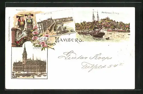 Lithographie Hamburg-Blankenese, Jungfernstieg, Vierländerinnen, Rathhaus