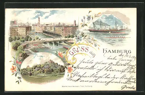 Lithographie Hamburg-Blankenese, Alster-Arcaden, Dampfschiff Augusta-Victoria