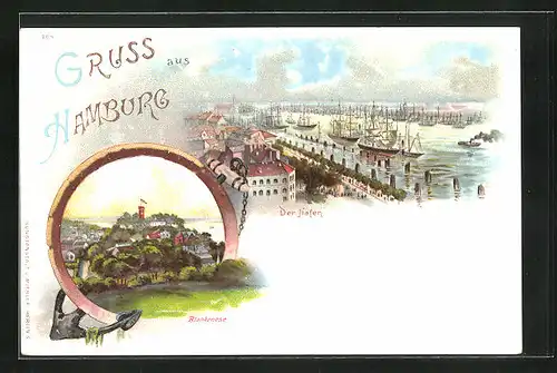 Lithographie Hamburg-Blankenese, Blankenese, Der Hafen