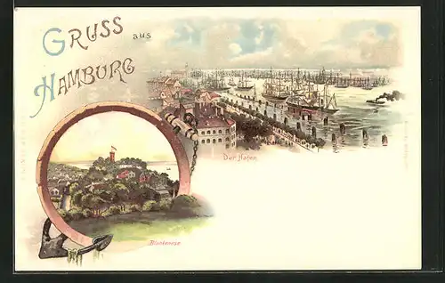 Lithographie Hamburg-Blankenese, Blankenese, Der Hafen
