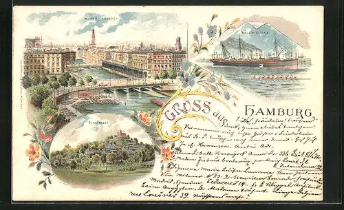 Lithographie Hamburg-Blankenese, Alster-Arcaden, Dampschiff Augusta-Voctoria