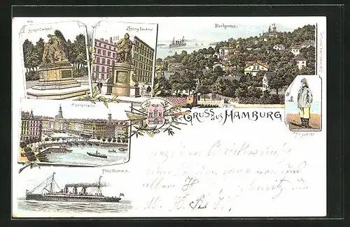 Lithographie Hamburg-Blankenese, Lessing-Denkmal, Dampfschiff Fürst Bismarck, Krieger-Denkmal