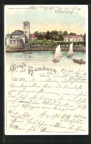 Lithographie Hamburg-Uhlenhorst, Gasthaus Uhlenhorster Fährhaus, Segelboote