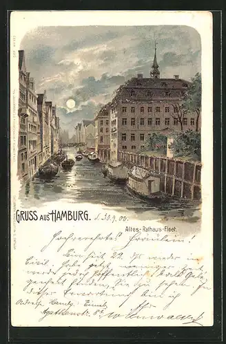 Lithographie Alt-Hamburg, Altes Rathaus-Fleet im Mondlicht