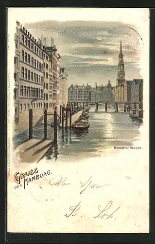 Lithographie Alt-Hamburg, Reimers-Brücke im Mondlicht