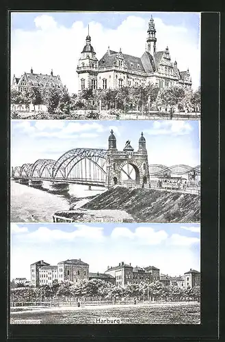 AK Hamburg-Harburg, Rathaus, Pionierkaserne, Neue Elbbrücke