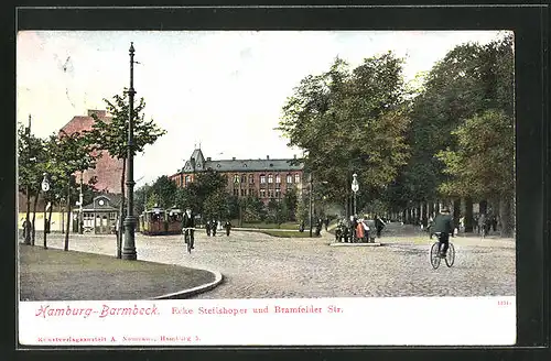 AK Hamburg-Barmbek, Partie an der Ecke Steilshoper und Bramfelder Strasse mit Strassenbahn