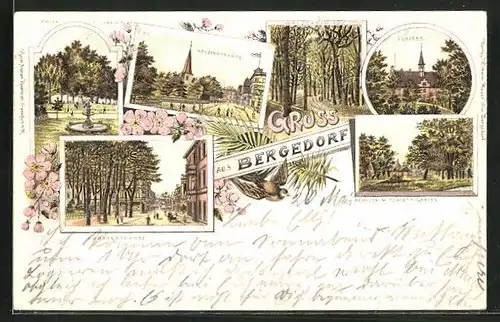 Lithographie Hamburg-Bergedorf, Holzenstrasse, Grossestrasse, Schloss