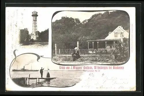 AK Hamburg-Wittenbergen, Johann Wiggers Gasthaus, Leuchtturm